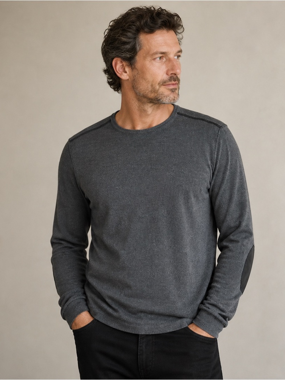 John Varvatos Luxe Gray Sweater Elbow Leather Patch Merino Wool Blend Knit‎ XL